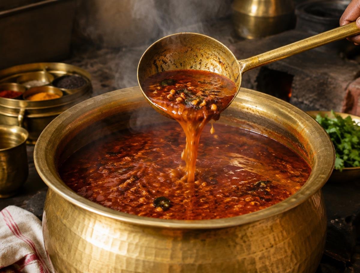 Spicy tarri ladled from a brass pot